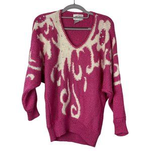 Vintage Christine Sweater Pink Barbie Faux Pearl Rhinestones Size S Oversized
